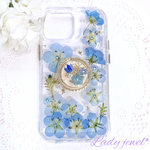 [ご注文品] 押し花ケース ＊ ネモフィラ ＊スマホケース＋スマホリング   名入れ可能  ラメ・ホロ・スワロフスキー無料 [受注製作]