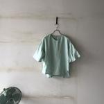 【お盆前SALE】フリルブラウス　LINEN100％　富士吉田染め　ミントグリーン