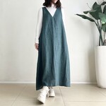 VカットAラインジャンパースカート♪ cotton linen Dark Green