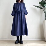 ゆったりドルマン袖ワンピース（8分袖）Linen Navy