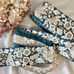 30cm/50cm  インド刺繍リボン  シルク  草花柄  ブルーグリーン