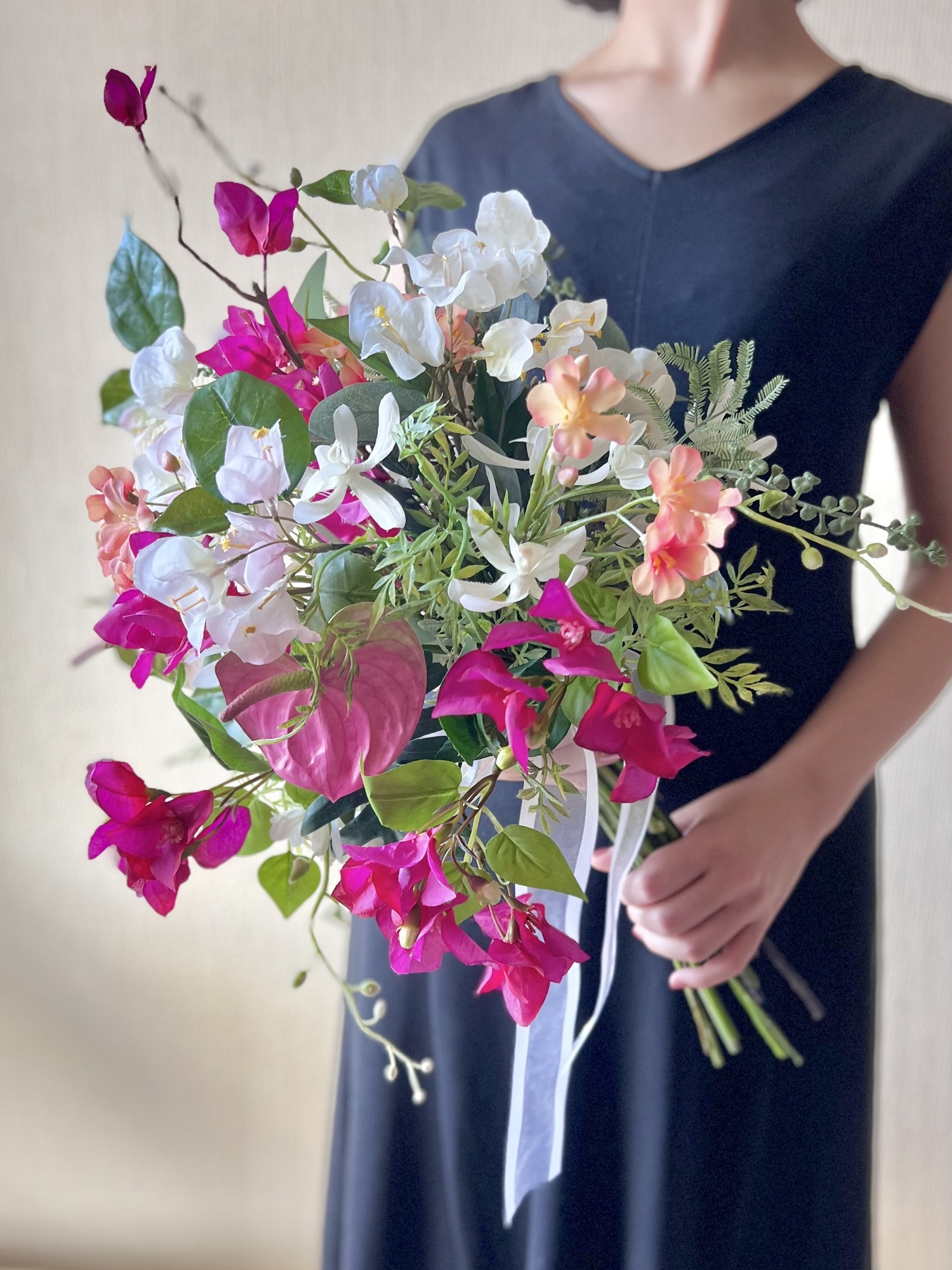 【ウェディングブーケ】南国風 リゾート前撮り 高級造花 アーティシャルフラワー 高級造花 ウェディングブーケ/ カラー アンスリウム プルメリア