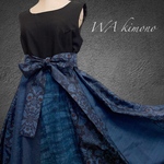 藍染 大島 紺MIXフレアーロングワンピース 着物リメイク  パッチワーク リボン ポケット付 ワンピース 大人キレイ ノースリーブ 演奏会 和太鼓 衣装  和柄 M〜LL(B5804)