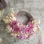 【summer SALE】Lune Bonheur＜わたしに贈るおくりもの＞＊紫陽花＊ハーフリース＊三日月リース＊フラワーリース＊夏＊秋＊サマーリース＊プリザーブドフラワー＊ピンク＊結婚祝い＊敬老の日