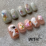 【現品発送 掲載品】淡色のあそびごころニュアンス┈❁⃘*.ﾟ　アースカラーネイル　ぷっくりネイル　パーツ埋め込みネイルショートオーバル　ネイルチップ  ニュアンスネイル