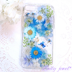 [ご注文品] 押し花ケース ＊ ブルーパラダイス ＊スマホケース   名入れ可能  ラメ・ホロ・スワロフスキー無料 [受注製作]