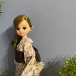 巾着付き！淡いパープル花柄💜の浴衣とこげ茶色の帯のセット　リカちゃんサイズ