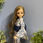 巾着付き！　スッキリ涼しげな白の浴衣と紺色💙帯のセット　リカちゃんサイズ
