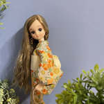 巾着付き！　オレンジ🧡花柄浴衣とアイボリーと帯のセット　リカちゃんサイズ