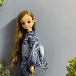 巾着付き！　淡い藍色の浴衣💙とブルーの帯のセット　リカちゃんサイズ