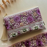 new💜インド刺繍リボン華やかポーチ purple flower✨用途いろいろ！大きめサイズ✨