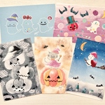 🎃透明水彩画　ハロウィンポストカード  5枚セット　ハロウィン　かぼちゃ　カボチャ　猫　ネコ　ねこ　北欧　オバケ　ハロウィンカード　メッセージカード　バースデーカード　秋