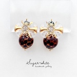  🤎 scorched caramel series ✵ リボンとクラックボールのピアス  /  イヤリング  天然石 レオパード ドット柄 ダルメシアンジャスパー