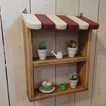 カフェ風の壁掛け2段シェルフ　幅30cm　本体ブラウン系　屋根エンジ