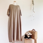 【☆】30％off やわらかハーフリネン夏のギャザースリーブふんわりワンピース/モカ