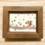 🐿透明水彩画「りんごが好きなリス」イラストミニ額    秋 紅葉 りす　リンゴ　フルーツ　果物　栗　プチギフト 敬老の日　敬老の日ギフト🐿