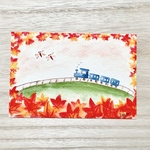 🍁透明水彩画「紅葉列車」イラストポストカード　2枚セット 汽車　電車　トンボ　とんぼ　秋　紅葉　敬老の日🍁