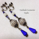 アンティーク調アクリルビーズコバルトブルーイヤリング金古美手作りハンドメイド