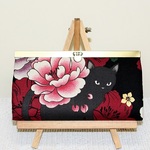 直線口金 長財布☆黒猫と牡丹　漆黒