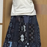 着物リメイク　絣(木綿)のパッチワークティアードスカート　フリーサイズ