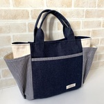 【送料無料】脇ポケット付き手さげトートバッグ☆中サイズ(ヒッコリー＆デニム)