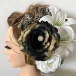 和装髪飾り　振袖髪飾り 白無垢髪飾り　ゴールド　ラメ　ラメ加工　パール　派手　カサブランカ　水引　水引き　成人式髪飾り　結婚式髪飾り　ウェディング髪飾り　花嫁髪飾り　　お色直し髪飾り　キラキラ　ローズ