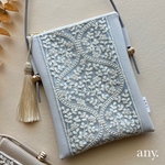 【受注制作🪡】インド刺繍リボンスマホポシェット whitefloret  bluegray💙スマホショルダー お散歩ショルダー サコッシュ　再販8！