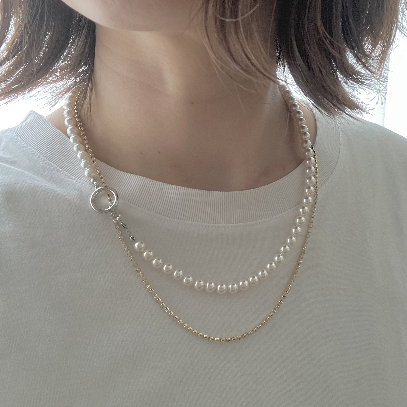 重ね付け｠パールネックレス ラインストーンネックレス2本セット 