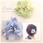 浴衣に.空と緑のヘアクリップ