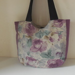 軽くてたくさん入る　3ポケ　深型　紬コットン×YUWA薔薇柄リネン　通しマチのラウンドトート　