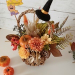 特集掲載【ハロウィン早割】再販　Halloweenハット付きアレンジ　ハロウィン飾り🎃　ハロウィンアレンジ　自宅飾り　ギフト 贈り物 プレゼント10月　収穫祭　オレンジHalloween  