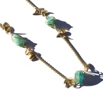 70s Vintage Gold Tone Leaf Motif × Turquoise Green Natural Stone Necklace
