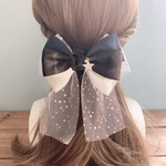 【送料無料 】秋の星空🌟リボン ネイビー チュールリボン 星のチャーム付き ヘアアクセサリー バレッタ ポニーフック ヘアゴム ヘアカフ リボンピン