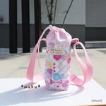 洗える☆500ml/1Lペットボトルホルダー肩紐付き（りぼんちょうちょパープルピンク）キッズ用