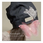 【mima様専用】m-1  ❤︎麻ブラック×お花モチーフ❤︎エクステループ付き ケア帽子　オシャレ帽子　医療用帽子　