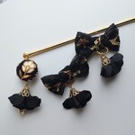 インド刺繍リボンの簪、耳飾りセット　大人ブラック