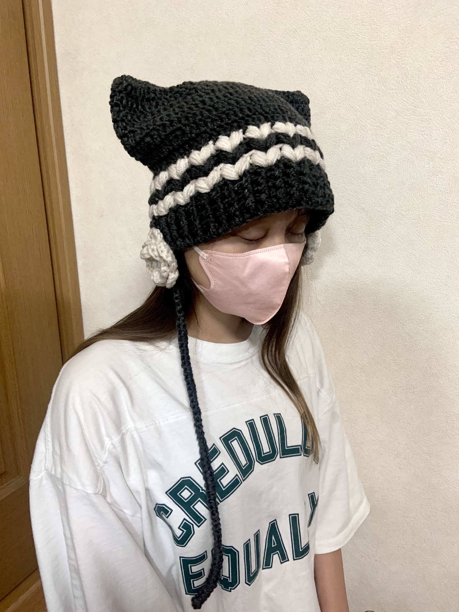 1点もの！！ ハンドメイド うさ耳 ニット帽 ネコ耳 ボンネット ブラック 1点もの!! ハンドメイド うさ耳 ニット帽 ネコ耳 ボンネット