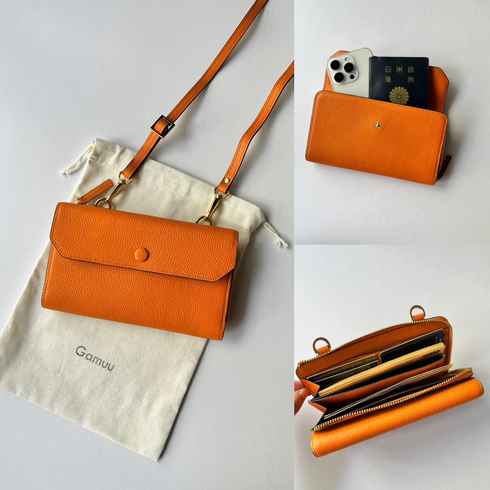 本革 　超軽量　お財布ショルダー　スマホショルダー　L字型財布　お財布ポシェット　長財布　オレンジ