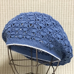 夏先取りSALE🌟ヒヤシンスブルーのコットン🌿ヤーンで編んだレーシーな透かし模様のベレー帽