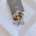 茶 輝く薔薇 ビーズ刺繍ブローチ