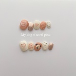 再販! #21 【 size order 】nail tip - Love my dog x coral pink 🌷落書きネイル 韓国ネイル ハート ピンク