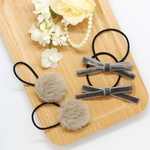 送料無料☆ 【キッズ用】 ４点セット! ベルベットリボン × ふわふわ エコファー ヘアゴム (③ ダークグレー × グレージュ)