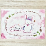 🎃透明水彩画「うさぎのハロウィン」イラスト　ポストカード　２枚セット ウサギ　秋 カボチャ　ハロウィン　ホワイトハロウィン　メッセージカード　ピンク