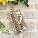 リールキーケース　ラミネート   ドット柄　ミニポーチ　ランドセル　シャカシャカポーチ　くま　モカ