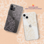 まんまる金木犀のiPhoneクリアスマホケース ラベンダー＆くすみオレンジ 透明 花 秋冬 紫 パープル キャメル iPhone14 13 12 11 SE2 pro plus キンモクセイ