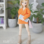 Set★オレンジ★両Vネックトップス＋クラッチバッグネオンオルテガ柄ミニワンピ1/6ドール用リカちゃん服アウトフィット