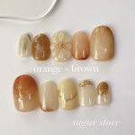 ネイルチップ🧡オレンジブラウン🤎成人式にも👘　ぷっくりフラワー　ニュアンスネイル　こっくり　秋冬
