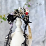 【ゴスロリ黒薔薇♥ヘッドドレス】黒薔薇 アンティークリボン カメオ 黒レース 撮影用 イベント プレゼント お誕生日 ハロウィン ペット用