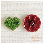 M様専用ページ.  Red Flower & Heart wave green ビーズ刺繍ブローチ