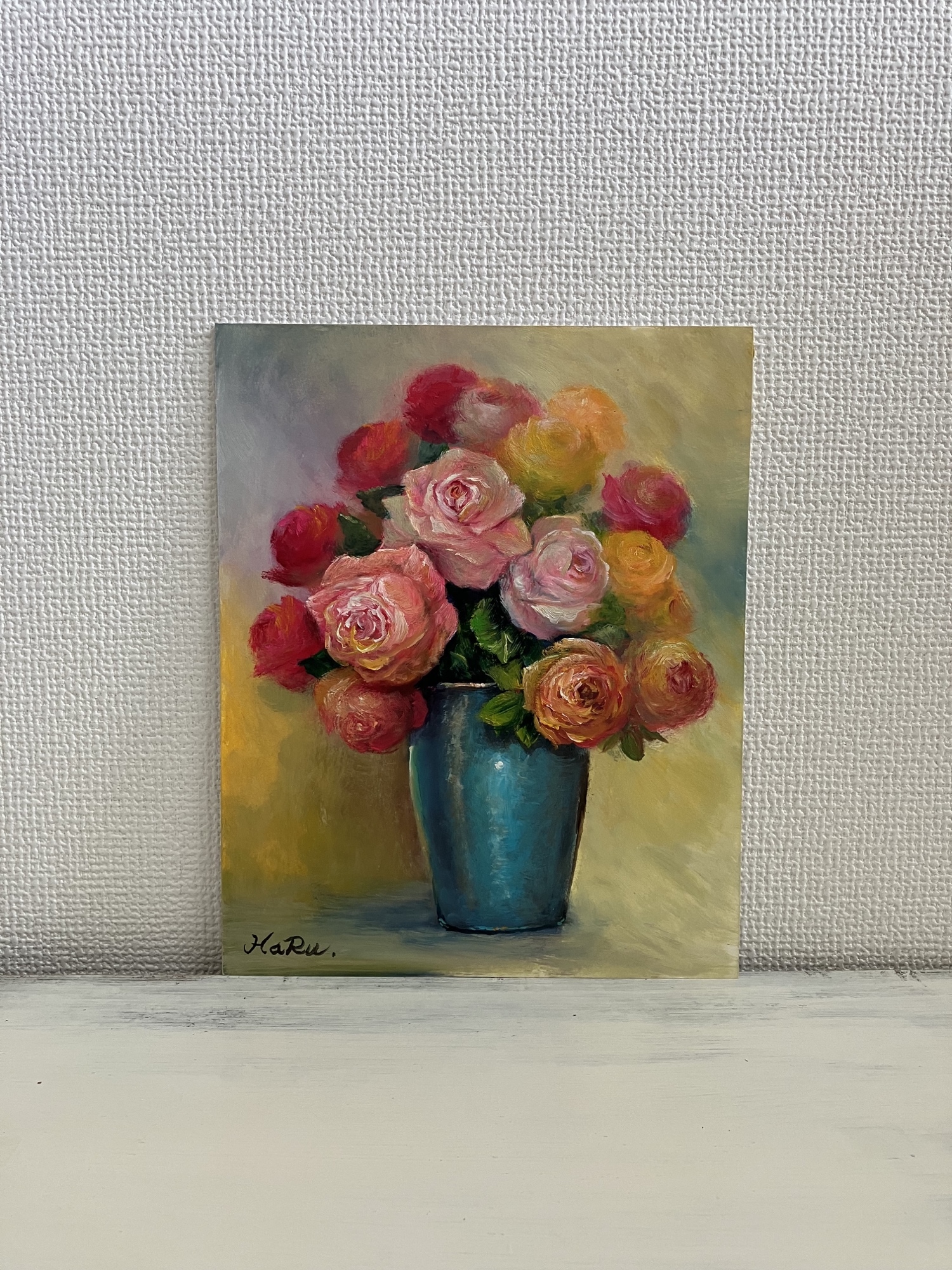 ☆ HaRu 花 薔薇 ばら バラ 花瓶 1点物 真作 原画 絵画 油絵